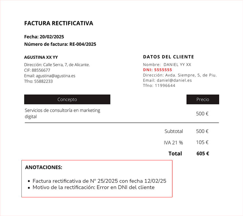 Factura rectificativa ejemplo Ejemplo de factura rectificativa